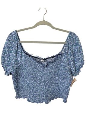 aerie Large Blue Floral Puff-Sleeve Cropped  Smocked Top